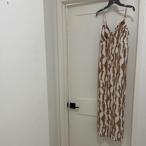 Brown and White Printed Spaghetti-Strap Maxi Dress